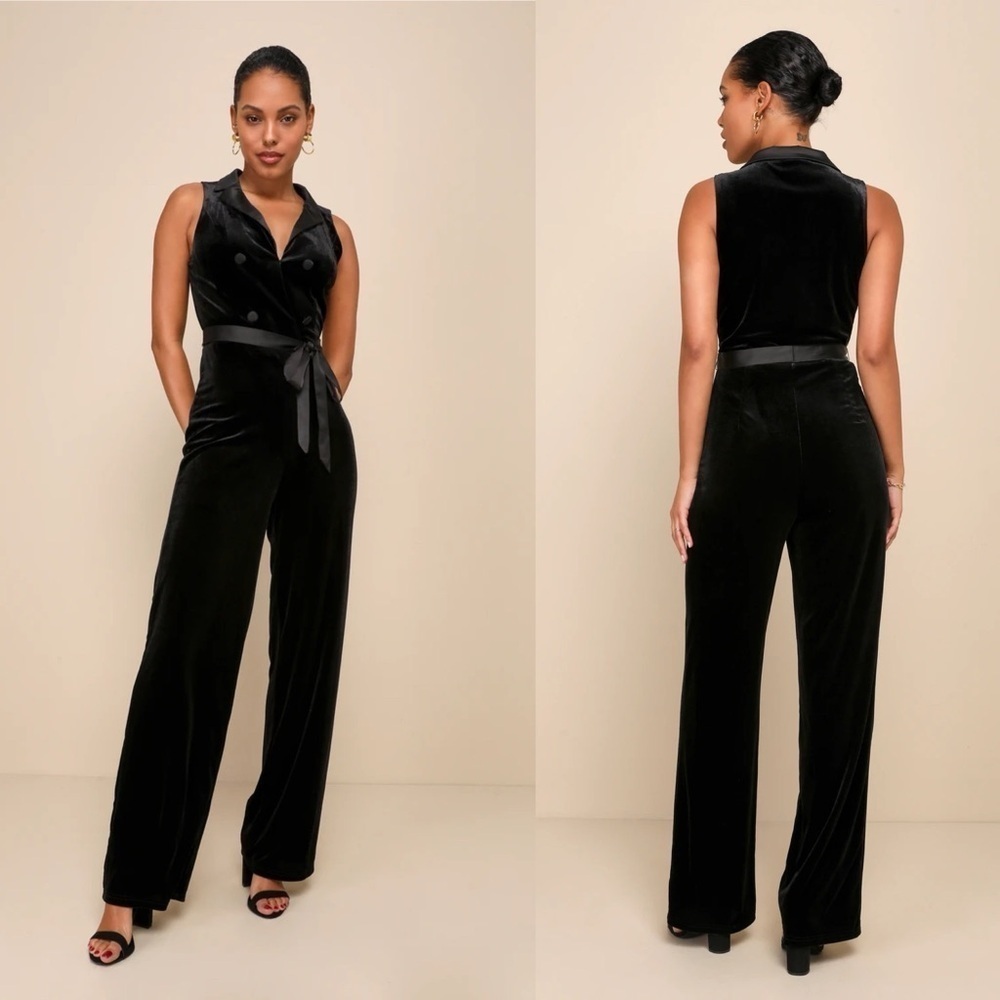 New Lulu's Posh Flair Black Velvet Satin Collared Surplice Jumpsuit Size Medium